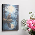 Framed canvas print of an owl perched beside a reflective lake under a full moon night sky