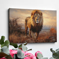 Framed canvas print of a realistic lion amidst a warm-toned African savannah landscape