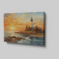 Framed canvas print of a lighthouse overlooking the ocean at sunset with vibrant sky and calm water reflections