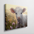 Framed canvas print of a realistic calf in a meadow with pink and yellow flowers