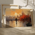 Framed canvas print of an impressionistic cityscape at sunset with reflections on a river