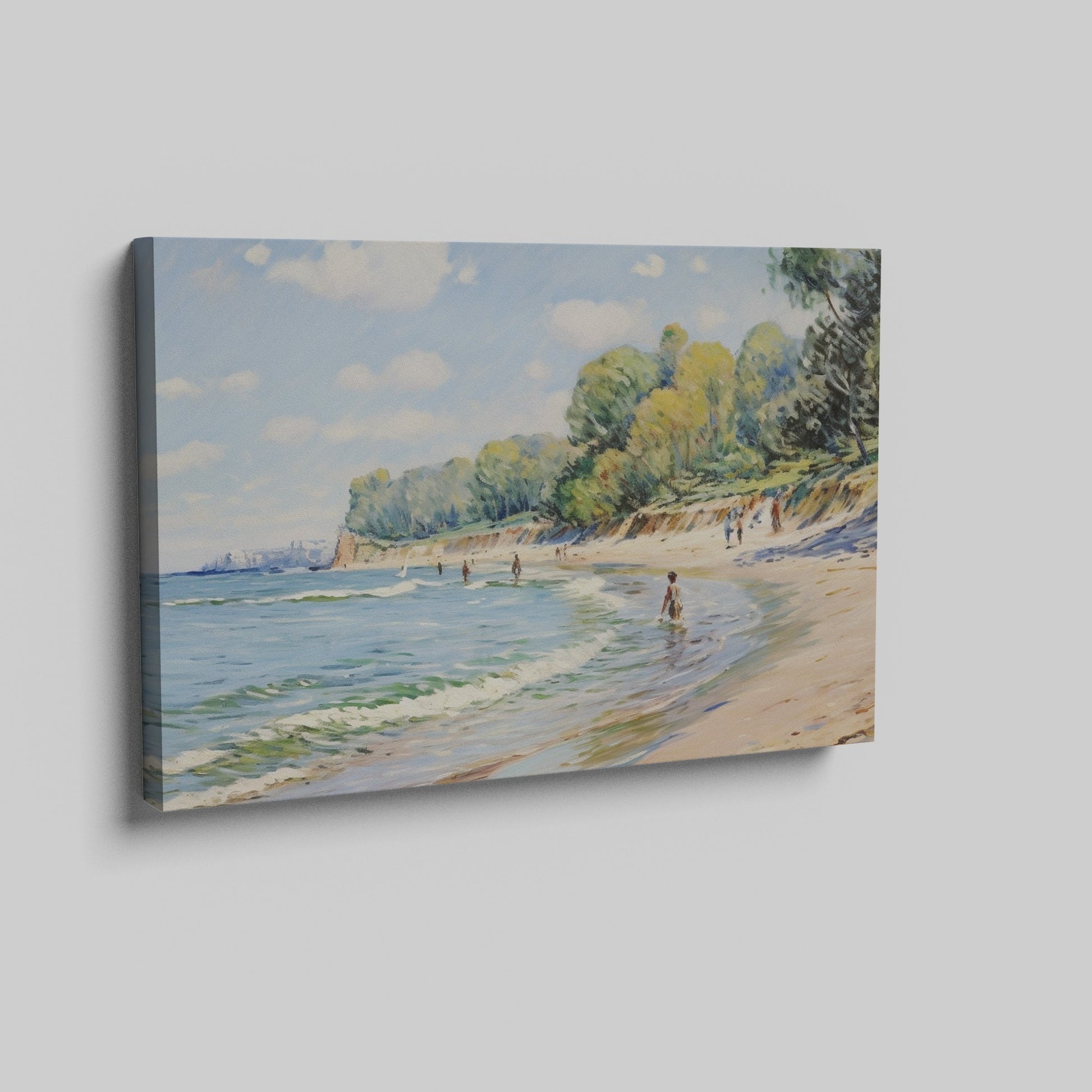 Framed canvas print of an impressionist beach scene with sailboats and people enjoying the shore