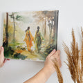 Framed canvas print of two women in traditional Chinese attire walking through an autumnal watercolor forest