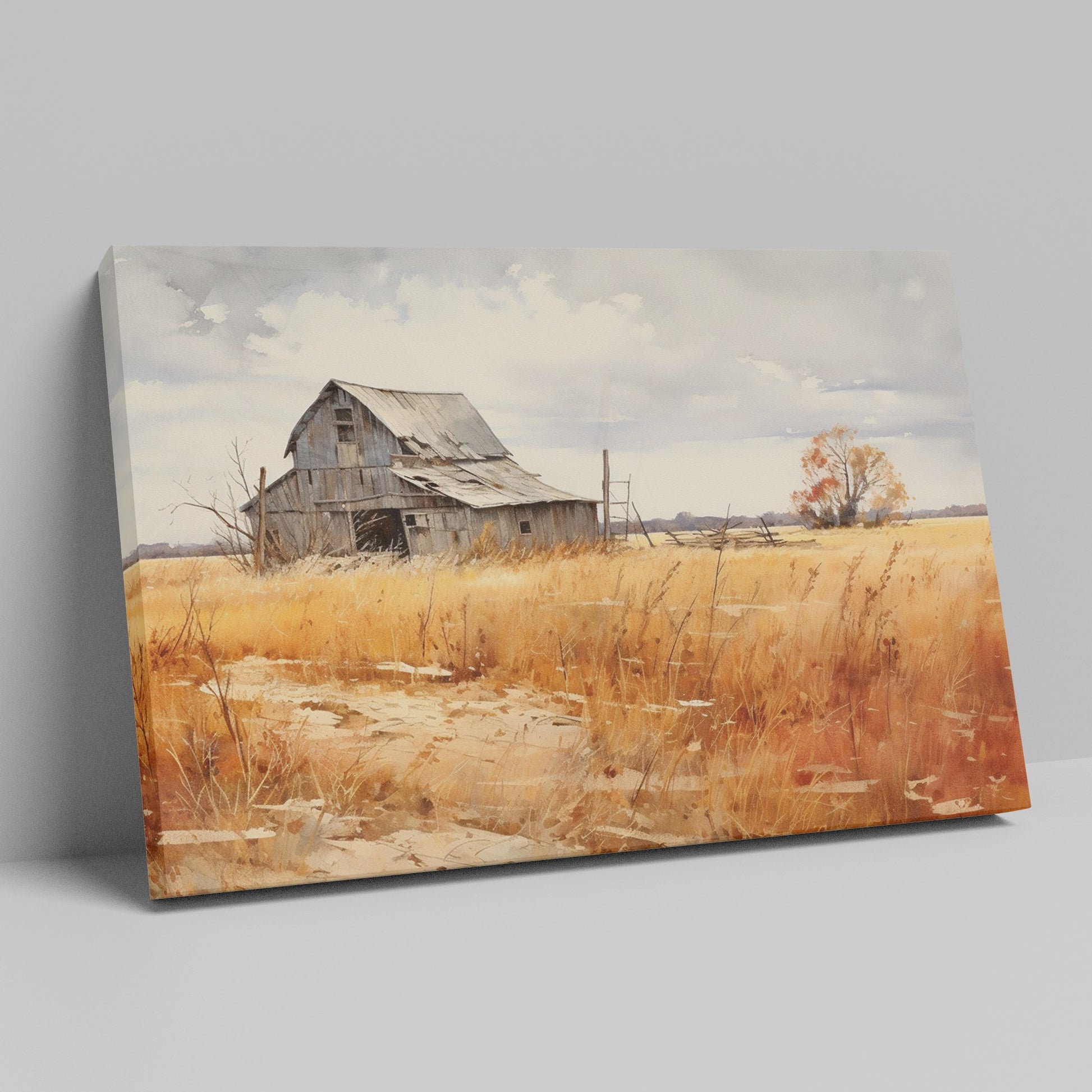 Framed canvas print of an old barn in a golden autumn rural landscape