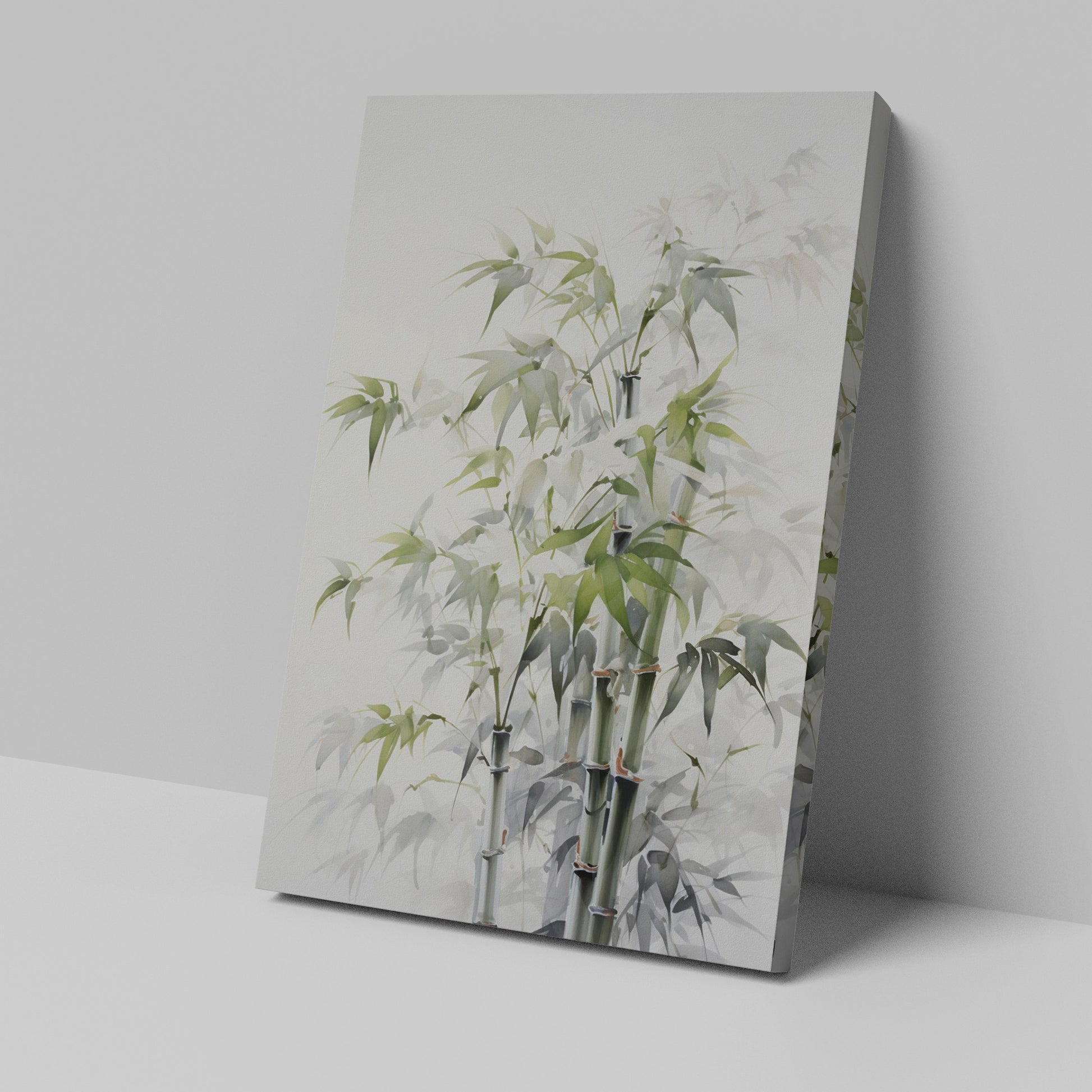 Framed canvas print of serene bamboo and leaves in a natural, soothing green and white palette