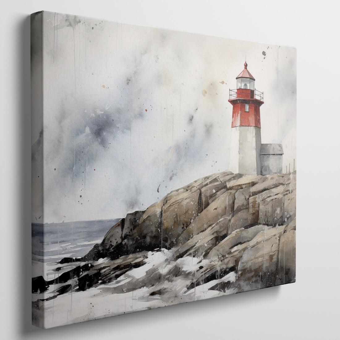 Watercolor painting of a red and white lighthouse on cliffside with sea in the background