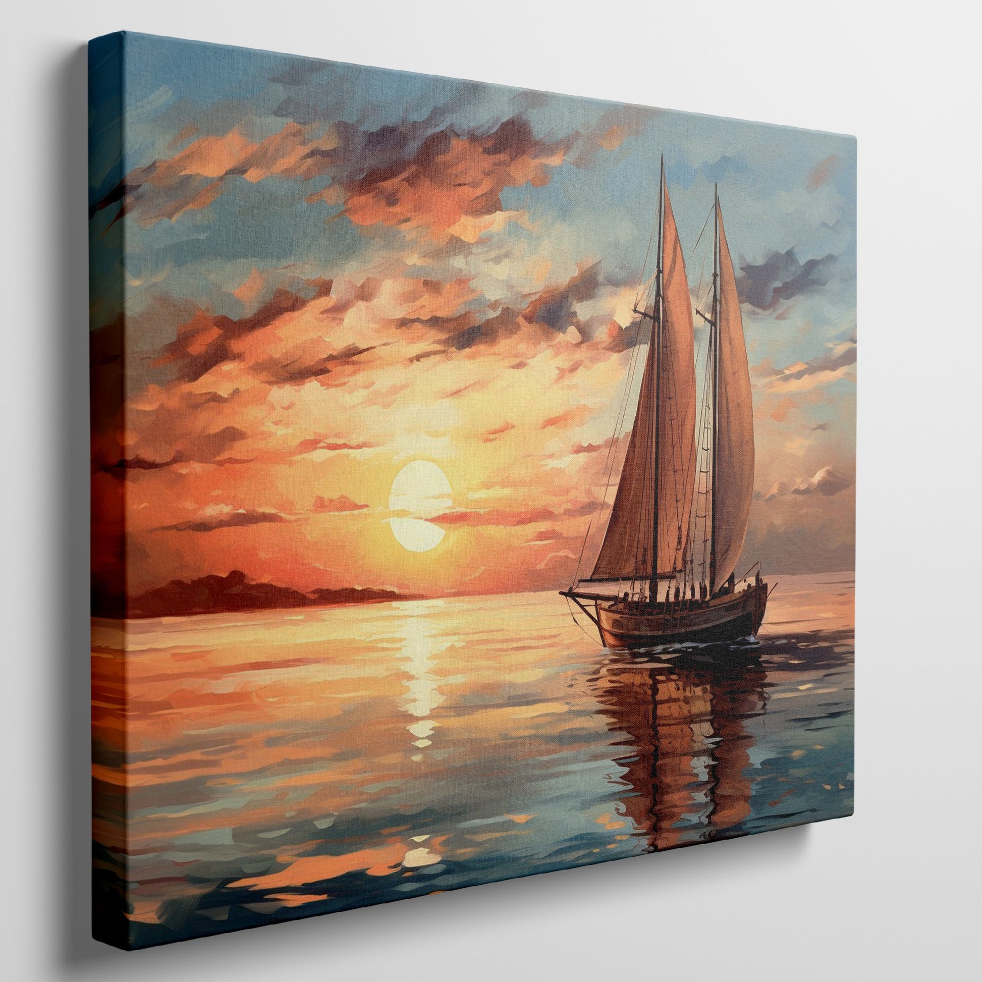 Impressionistic canvas painting of a sailboat at sunset with vivid orange sky and calm sea reflections