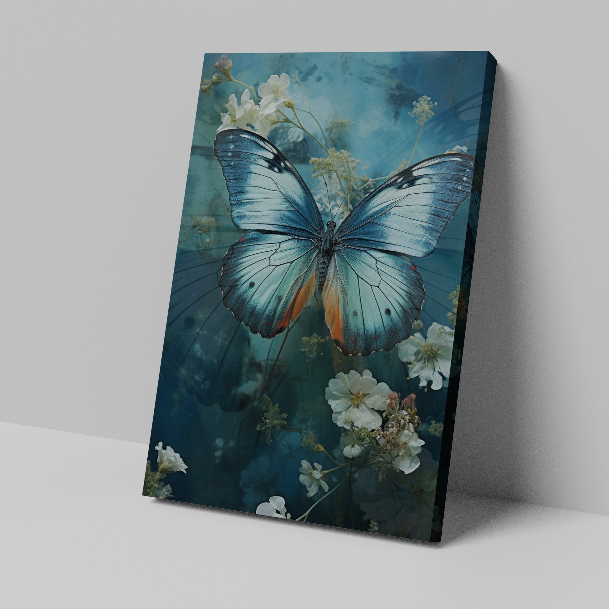 Framed canvas print of a vivid blue butterfly with delicate white flowers on a blue background