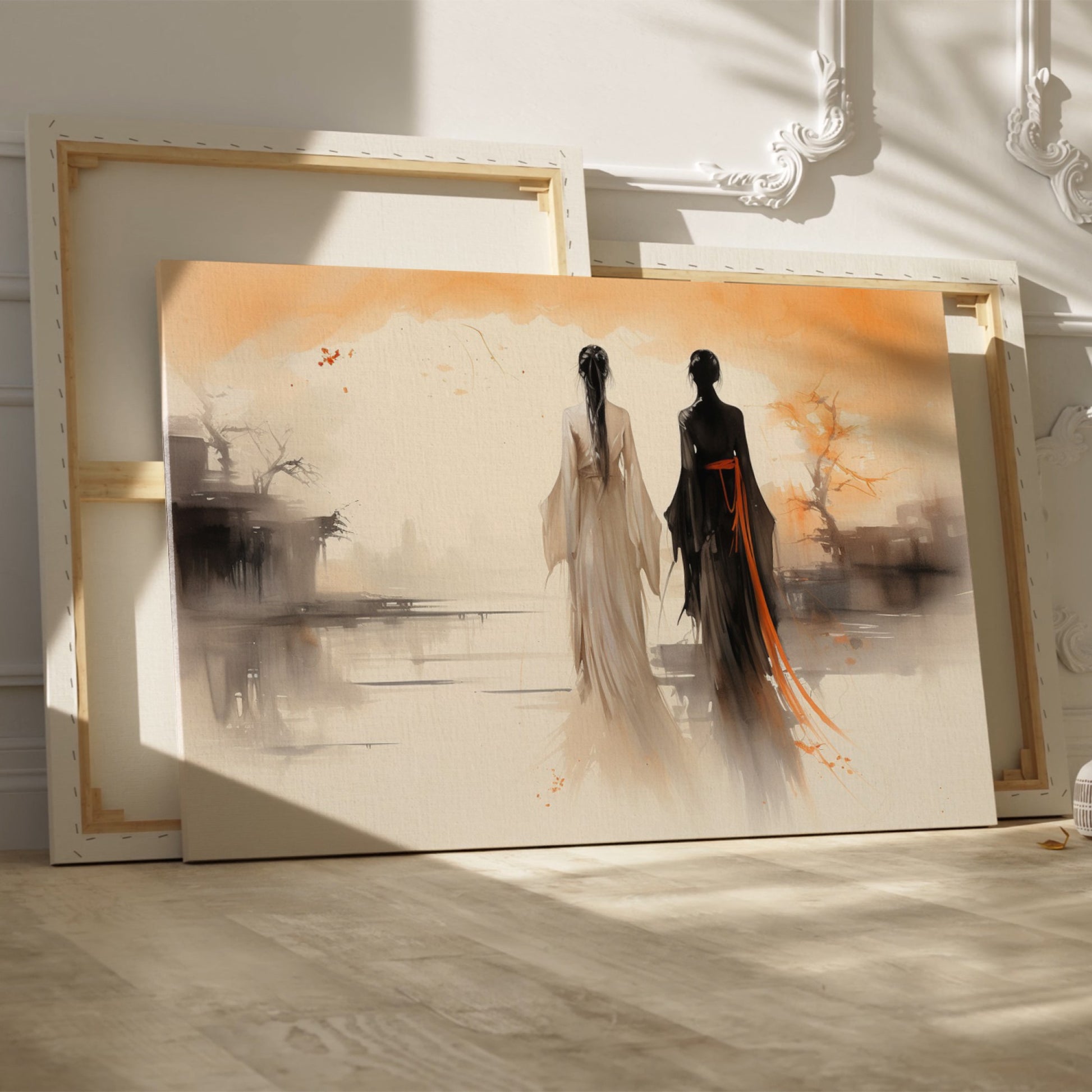 Framed canvas print of silhouette figures in traditional Asian attire with warm sunset backdrop in watercolor style