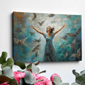 Framed canvas print of a woman joyfully embracing surrounded by impressionist styled birds