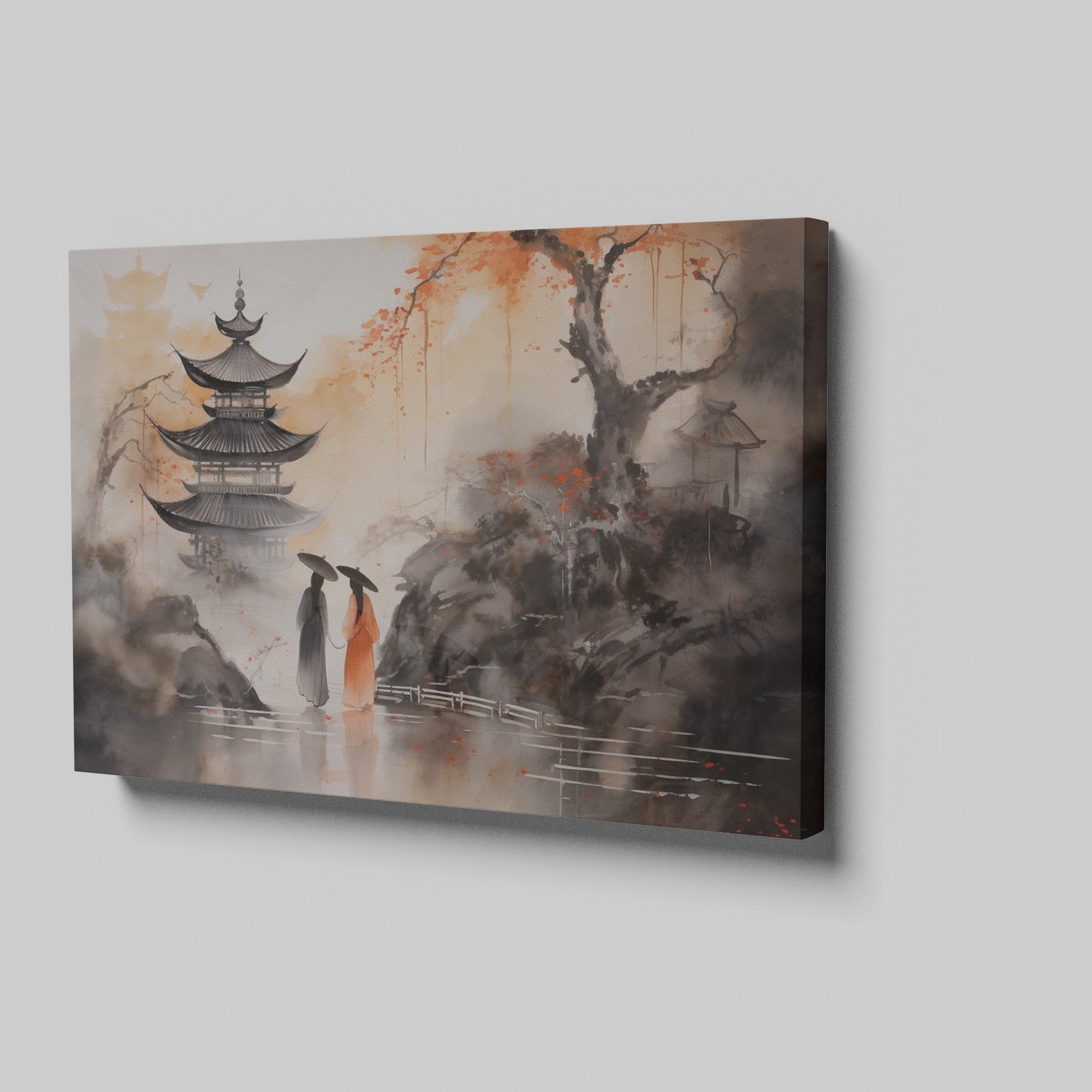 Framed canvas print of traditional Oriental scene with pagodas, cherry blossoms, and ink wash painting style