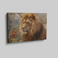 Framed canvas print of a realistic lion showcasing golden and warm earth tones, with detailed brushwork and a serene expression.