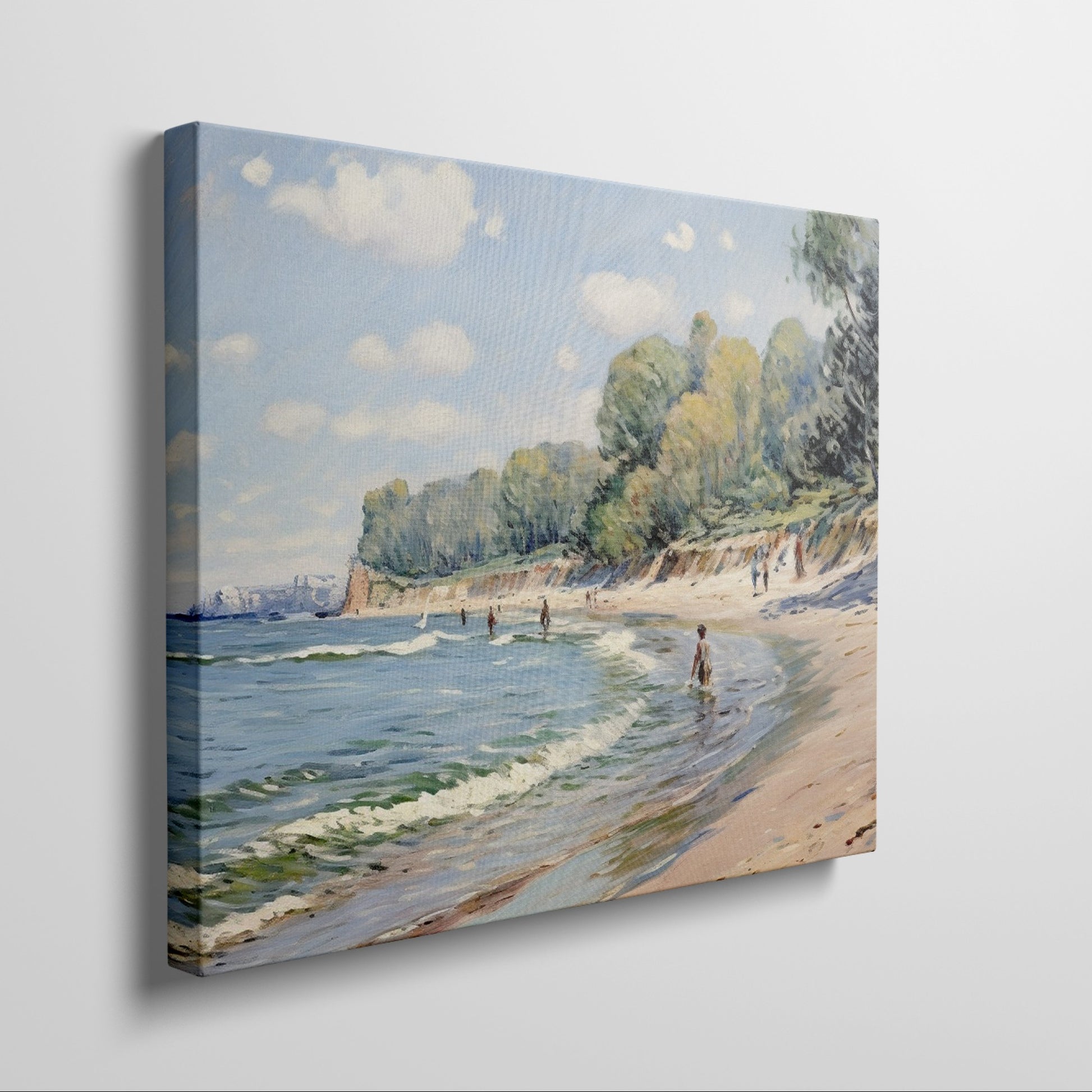 Framed canvas print of an impressionist beach scene with sailboats and people enjoying the shore