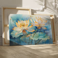 Framed canvas print of tranquil watercolor lotus flowers with pastel hues on a serene blue background