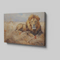 Framed canvas print of a realistic lion lying in the grass of the African savanna, with warm golden tones