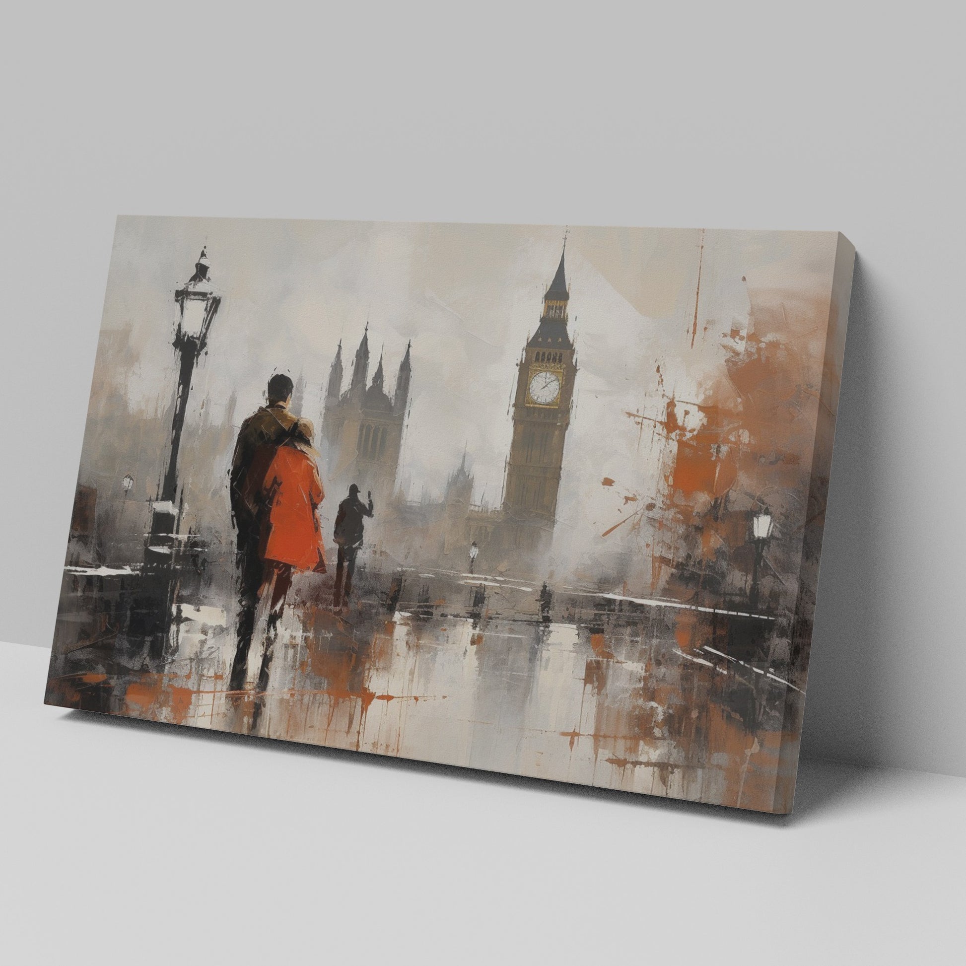 Framed canvas print of an abstract rainy London street scene with Big Ben in the background