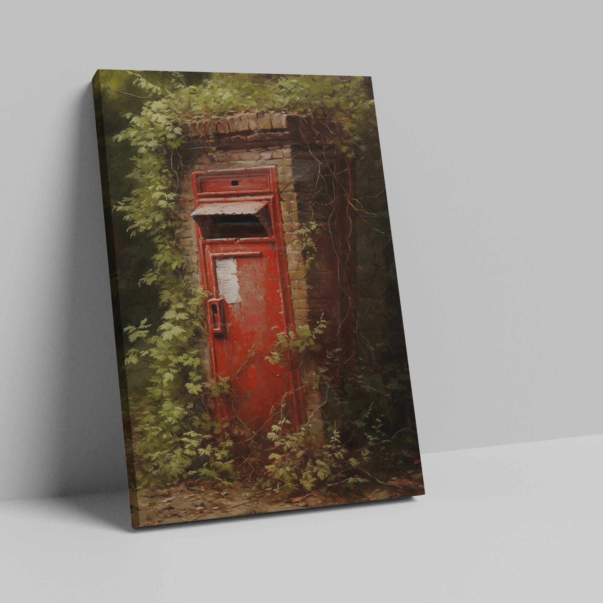 Framed canvas print of a vintage British red postbox entwined with green foliage in a forest