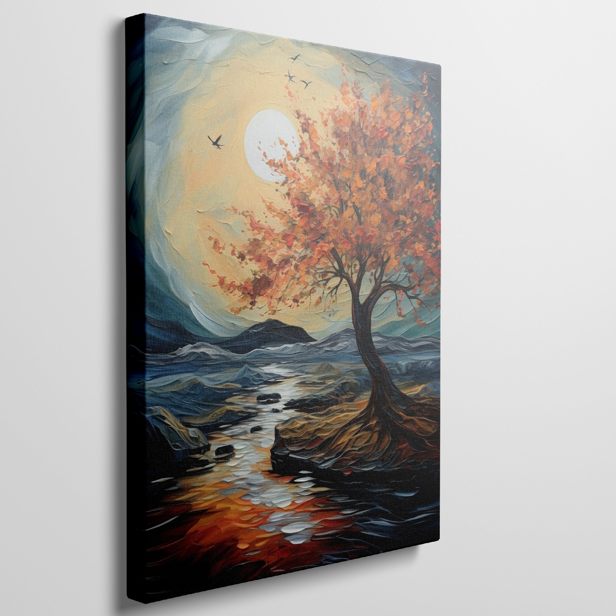 Framed canvas print of an autumnal tree with orange and red leaves against a sunset over a blue seascape