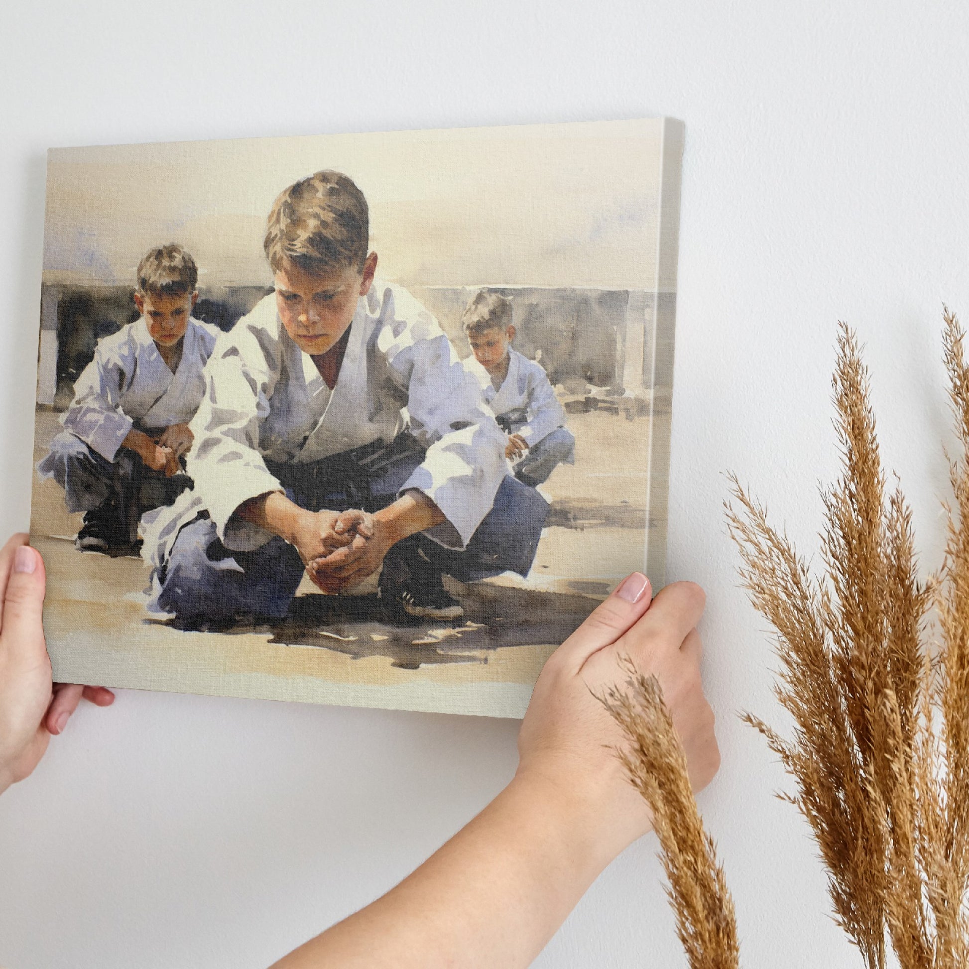 Framed canvas print of young karate students practicing in a dojo setting with warm neutral tones