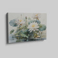 Framed canvas print of tranquil lotus flowers and water lilies on a serene pond