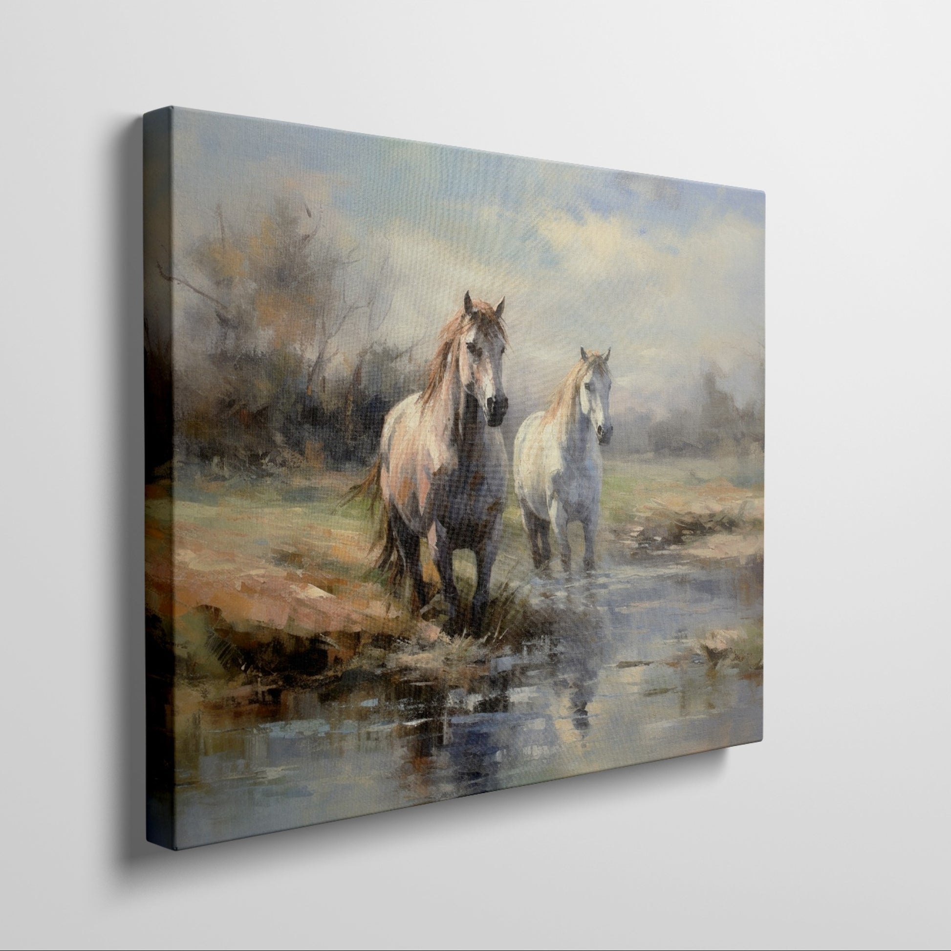 Framed canvas print of two horses by a creek in an impressionist style with warm autumn hues