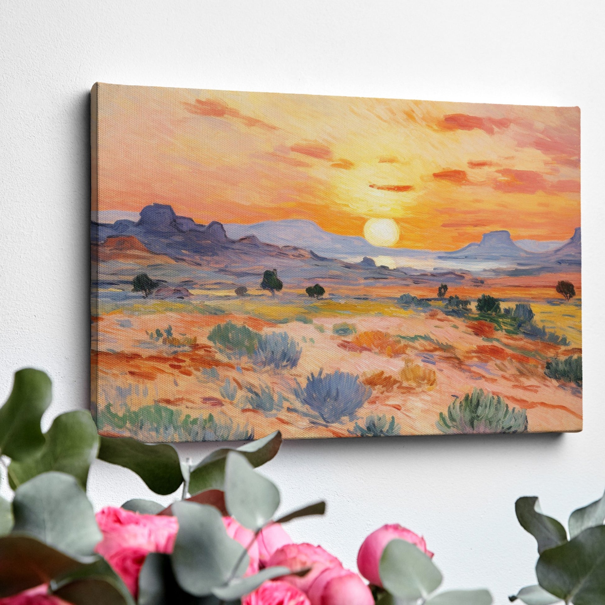 Framed canvas print of an impressionist painting depicting a desert sunset with warm colours