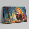 Framed canvas print of an abstract geometric lion in a vibrant autumn forest