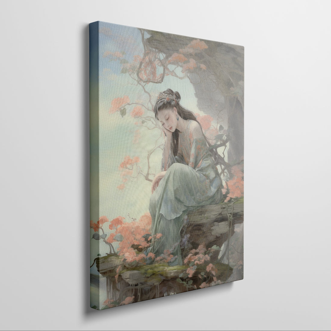 Elegant portrait of a woman in traditional attire sitting amidst orange blossoms with soft pastel background