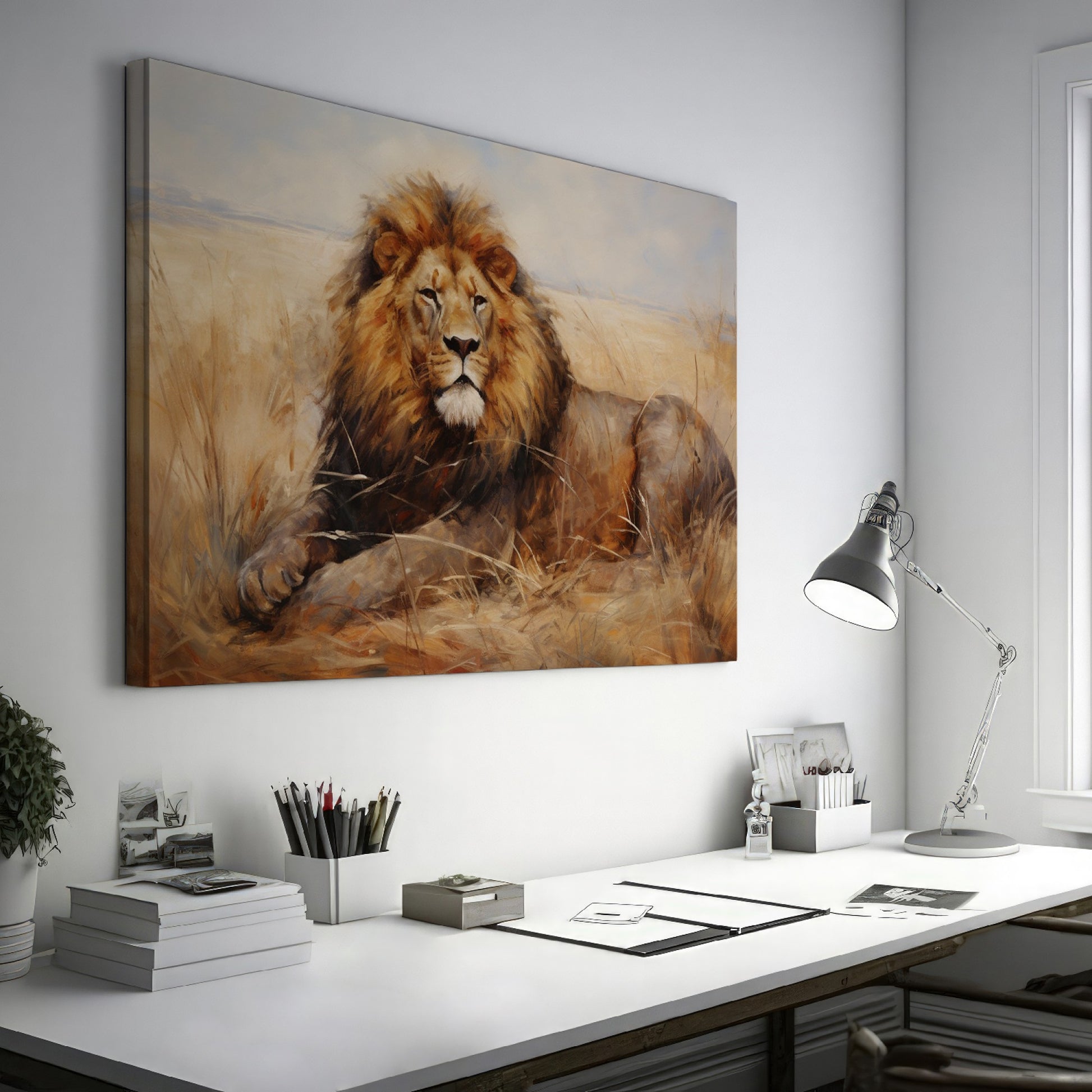 Framed canvas print of a realistic lion resting in the golden savannah