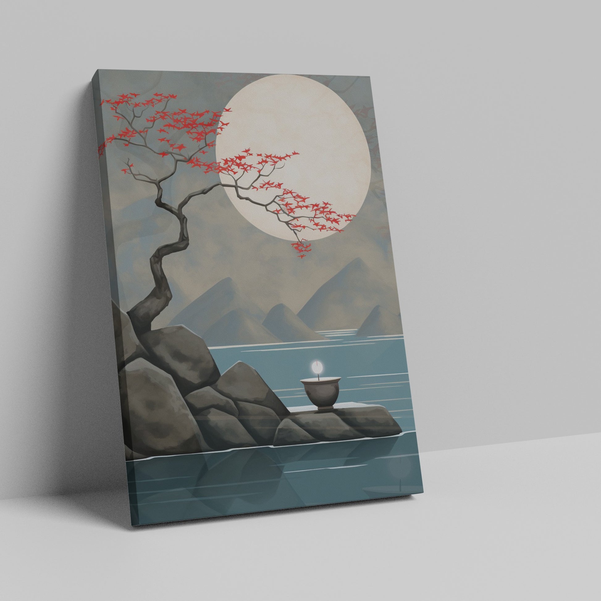 Framed canvas print of moonlit cherry blossoms over mountains with a gentle water reflection