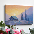 Framed canvas print of an impressionist painting with a mountain cabin at sunset