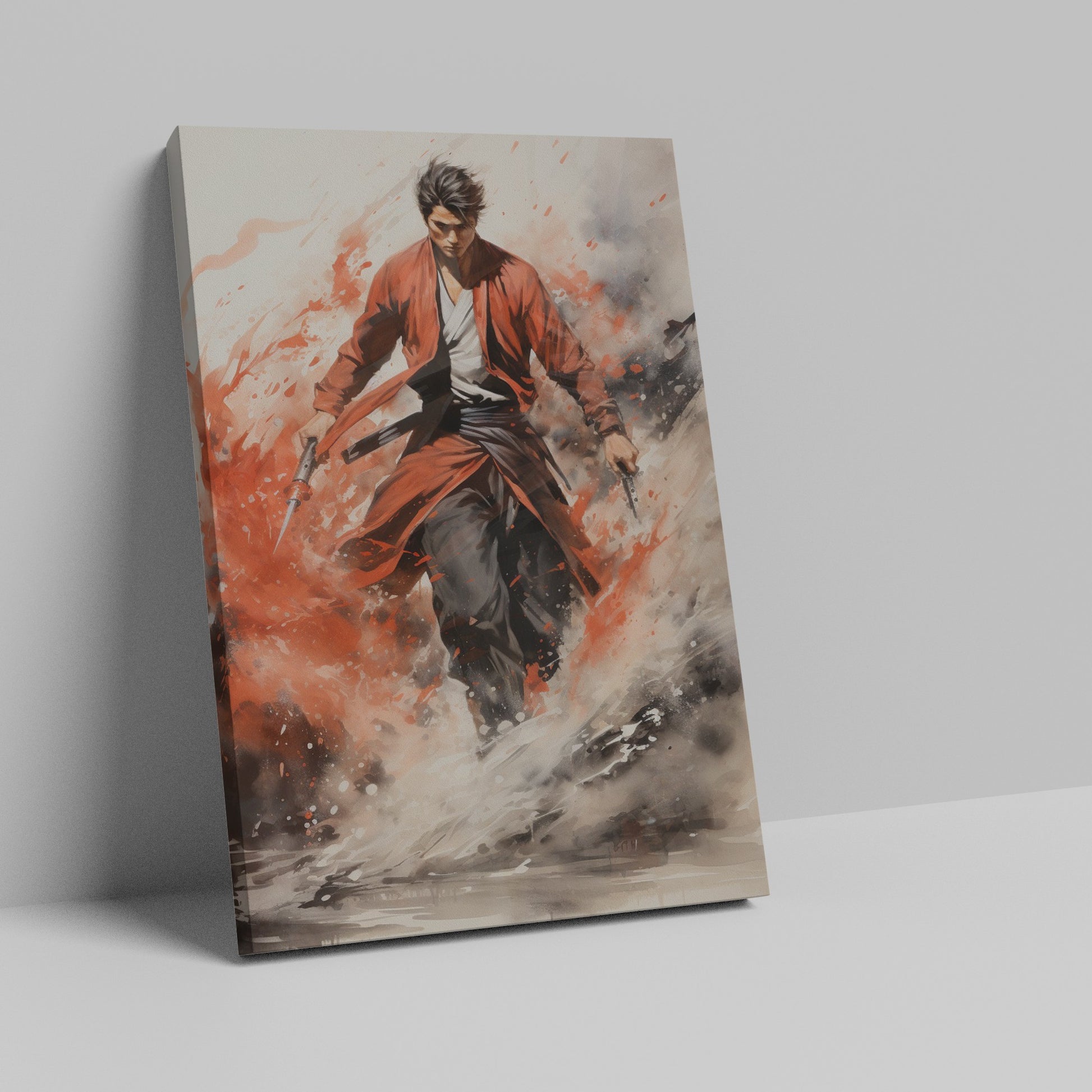 Framed canvas print of a dynamic Samurai in traditional red and black attire with expressive brush strokes