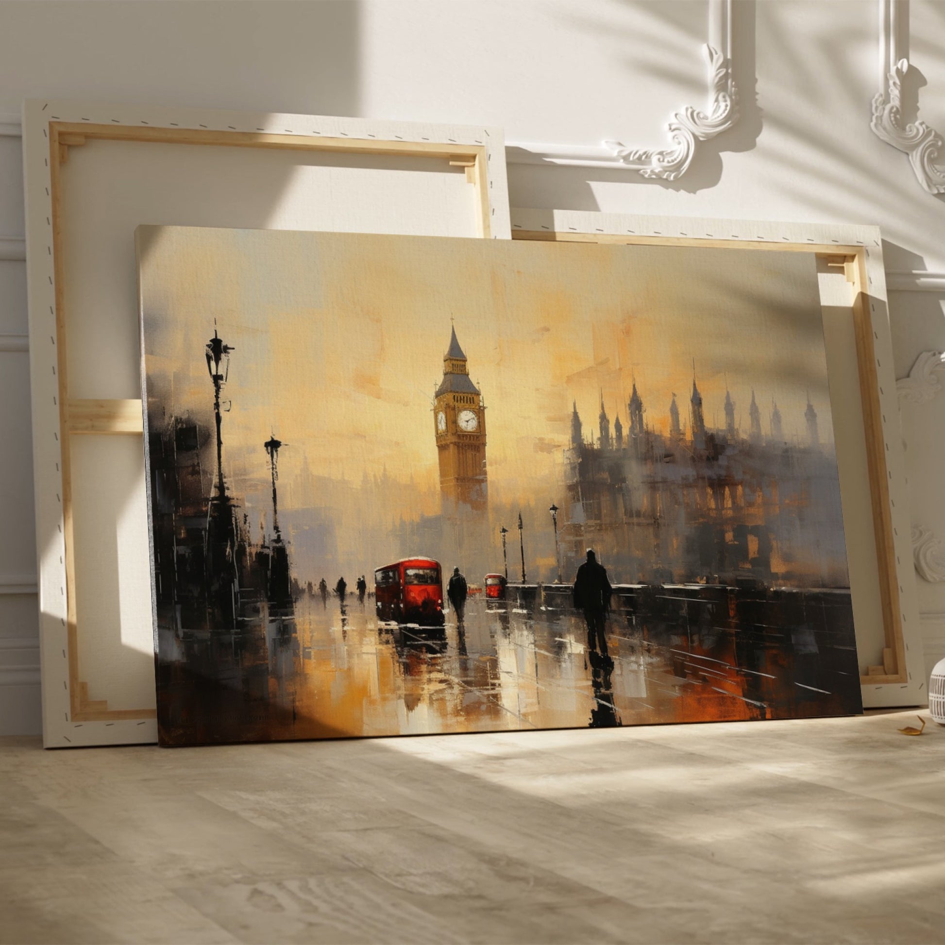 Framed canvas print of London's Big Ben and red buses in an abstract impressionist style with warm golden colours