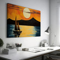 Geometric style painting of a sailboat at sunset with mountains and reflections in the water