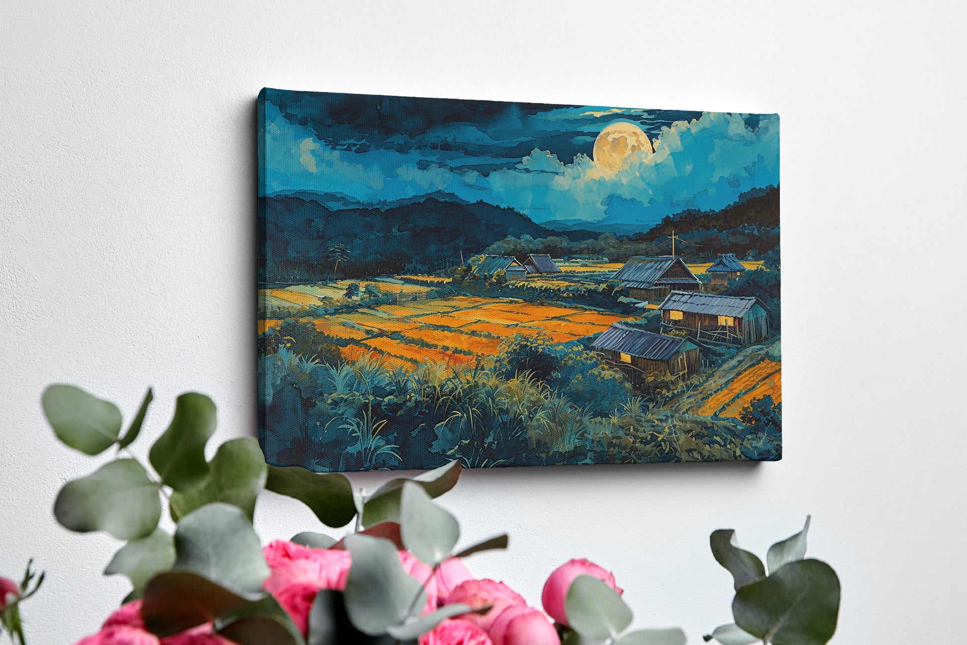 Framed canvas print of a moonlit countryside scene with vibrant fields and rustic homesteads