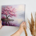 Framed canvas print of a cherry blossom tree by a tranquil lake at dusk with mountains in the background, reflecting soft pink and purple hues