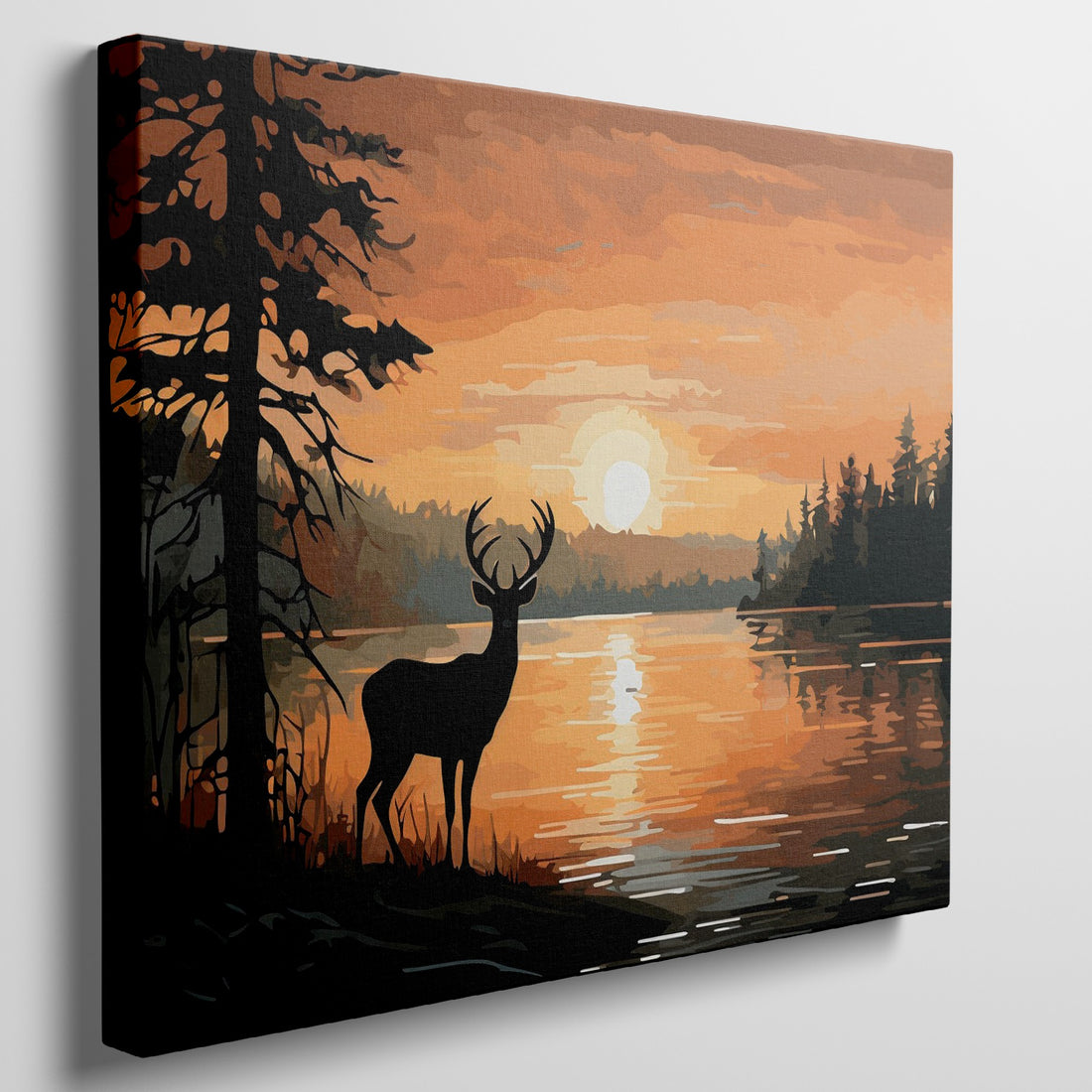 Digital artwork of a deer silhouette at sunset with orange and black hues reflecting on a lake