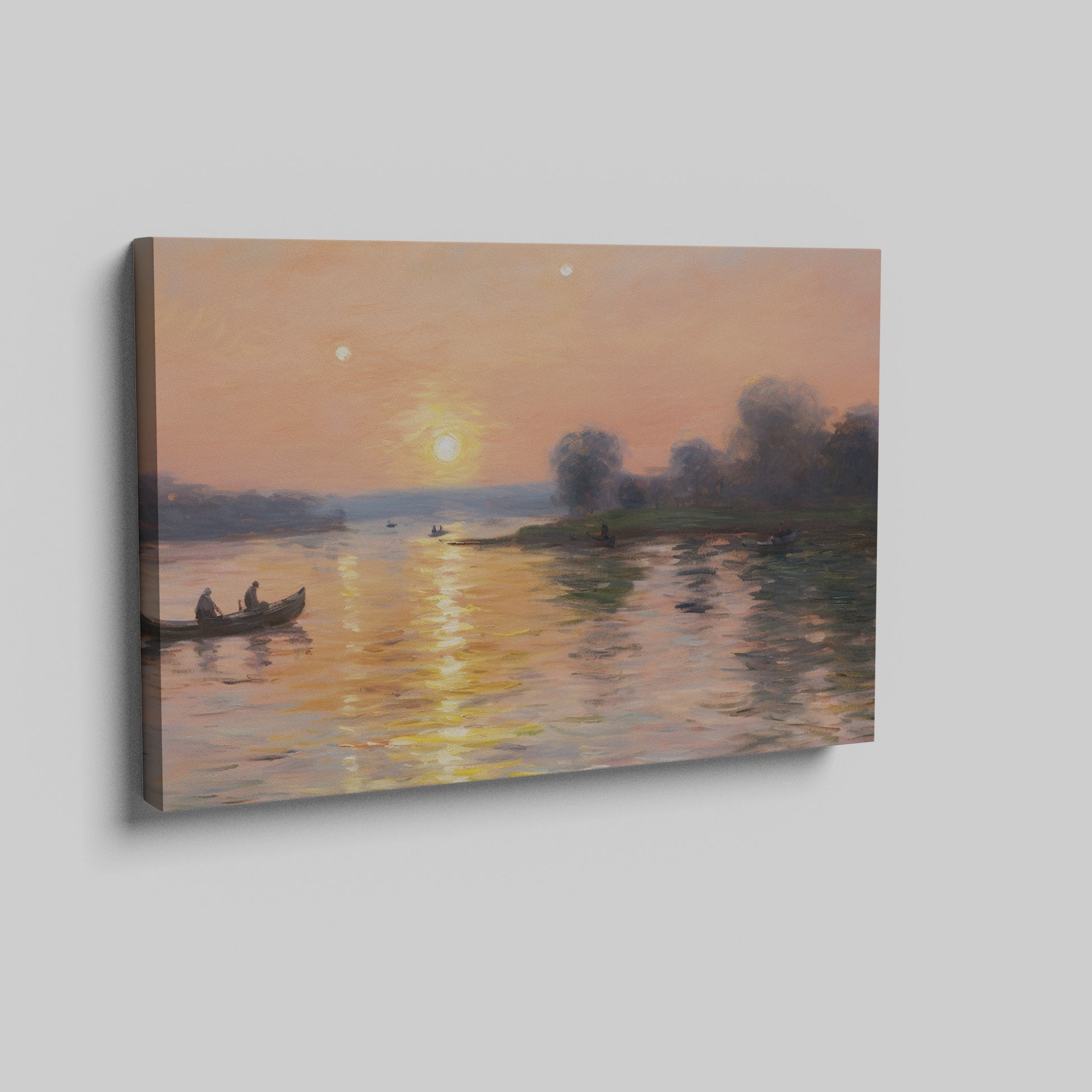 Framed canvas print of an impressionist sunset river scene with canoes and a warm glow