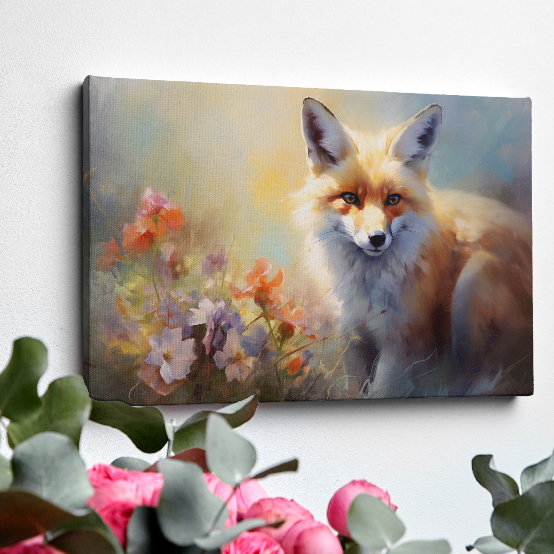 Framed canvas print of a majestic fox among vibrant wildflowers, with warm and impressionistic tones