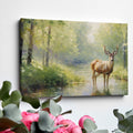 Framed canvas print depicting an impressionistic scene of a deer in a lush green forest with sunlight filtering through