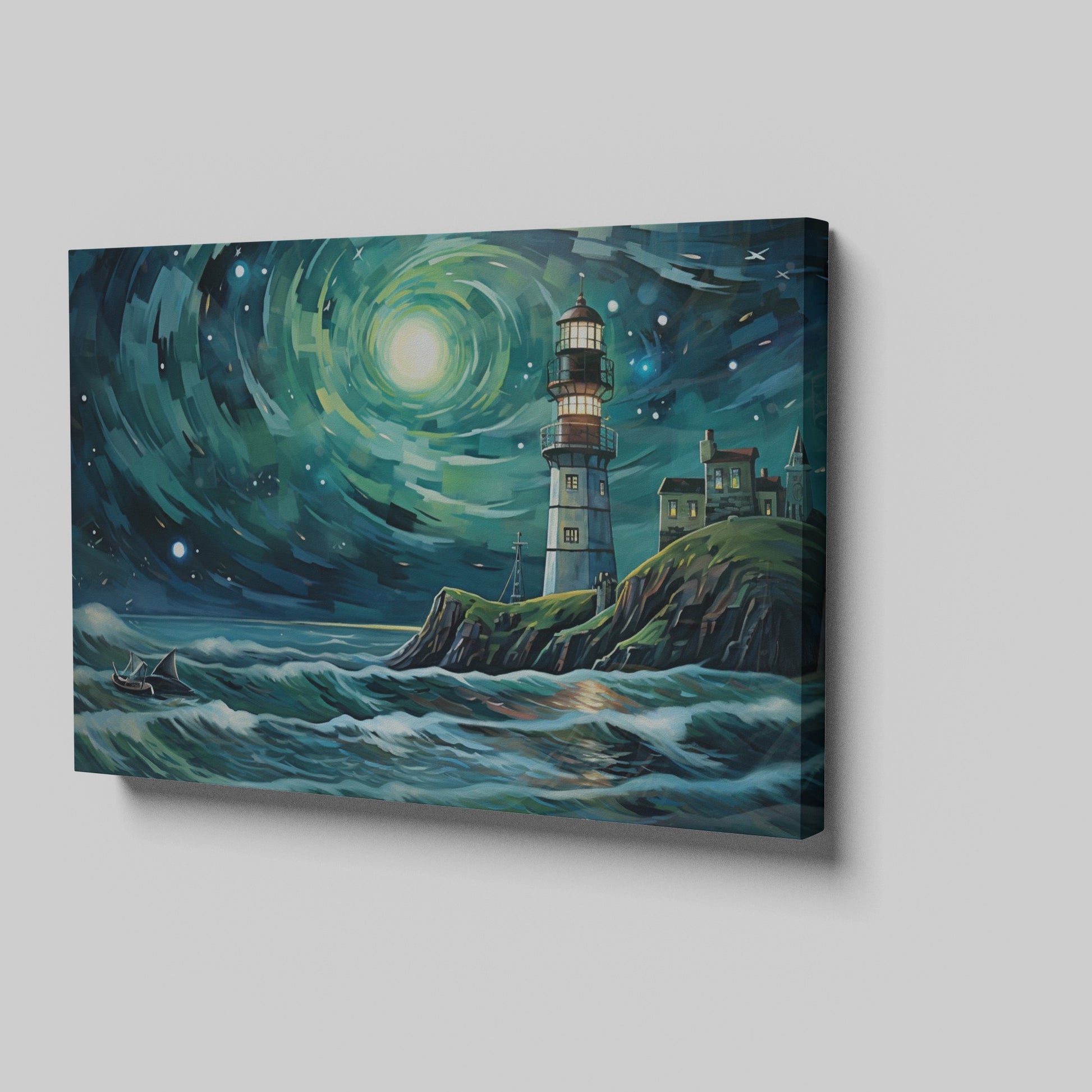 A canvas painting of a lighthouse on a cliff with a swirling starry sky and rough sea in shades of blue and green.