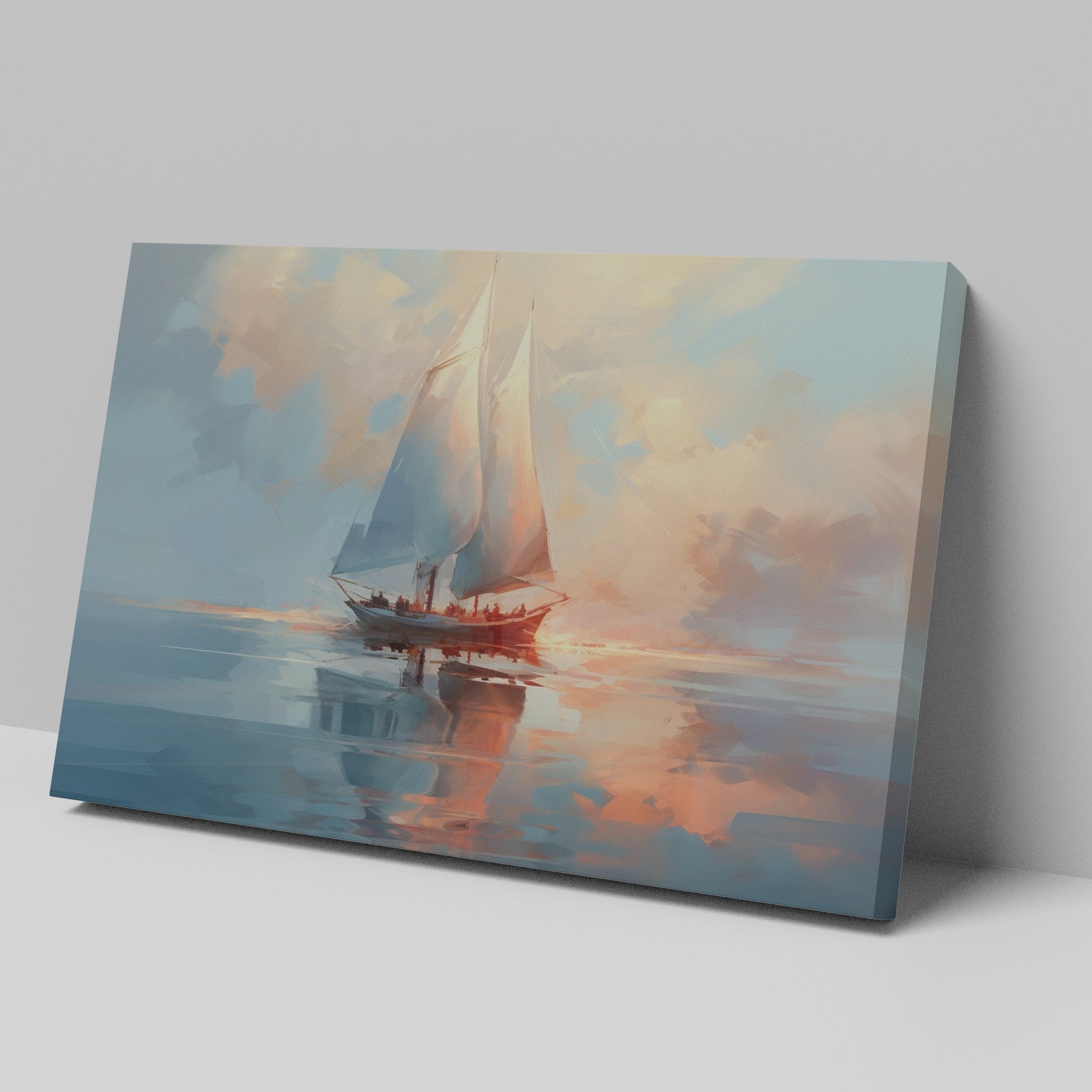 Framed canvas print of an impressionist depiction of a sailboat at sunset with vibrant sky and water reflections