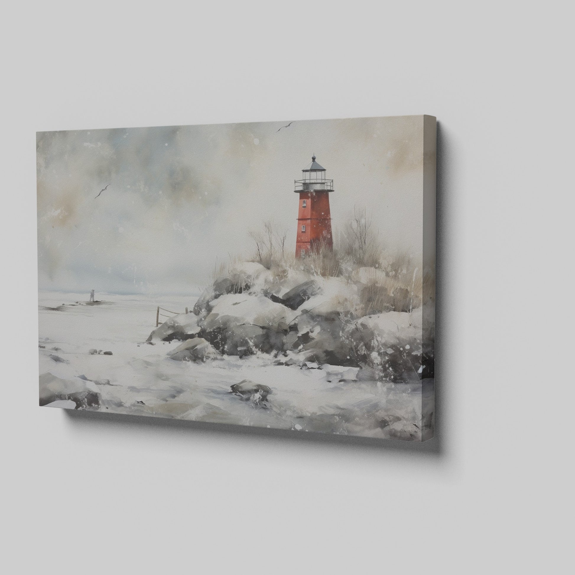 A red lighthouse on a snowy coastline with a figure at a distance and seagulls in the wintry sky.