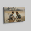 Framed canvas print of two children playing by the shore with a castle in the background