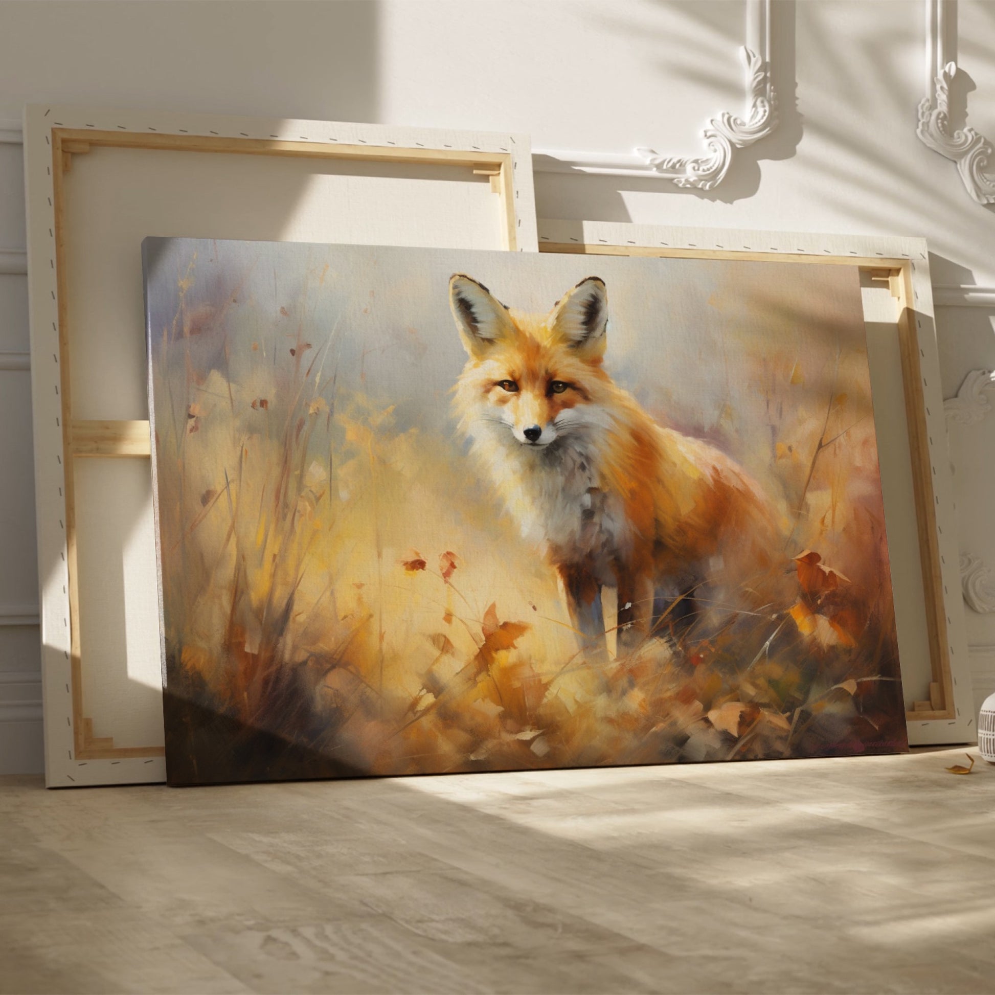 Framed canvas print of an impressionist painting of a fox set against the backdrop of golden autumn leaves and soft brushstrokes