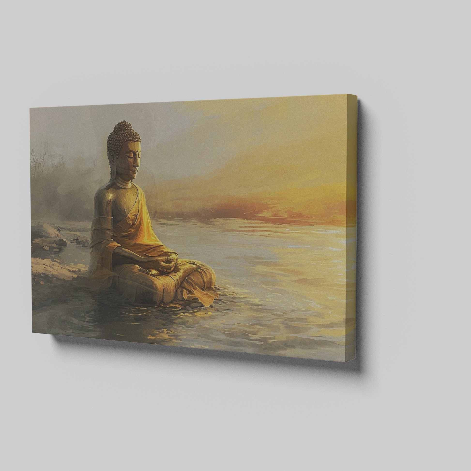 Wall canvas print of a meditative Buddha statue in golden and orange hues reflecting on tranquil waters at sunrise.