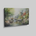 Framed canvas print of a serene Japanese garden with a bridge, waterfall, and flowers