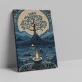 Framed canvas print of a stylised tree against a golden moon with decorative flames and a serene waterscape