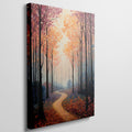 Framed canvas print of a stylised forest with colourful autumn foliage and a winding pathway