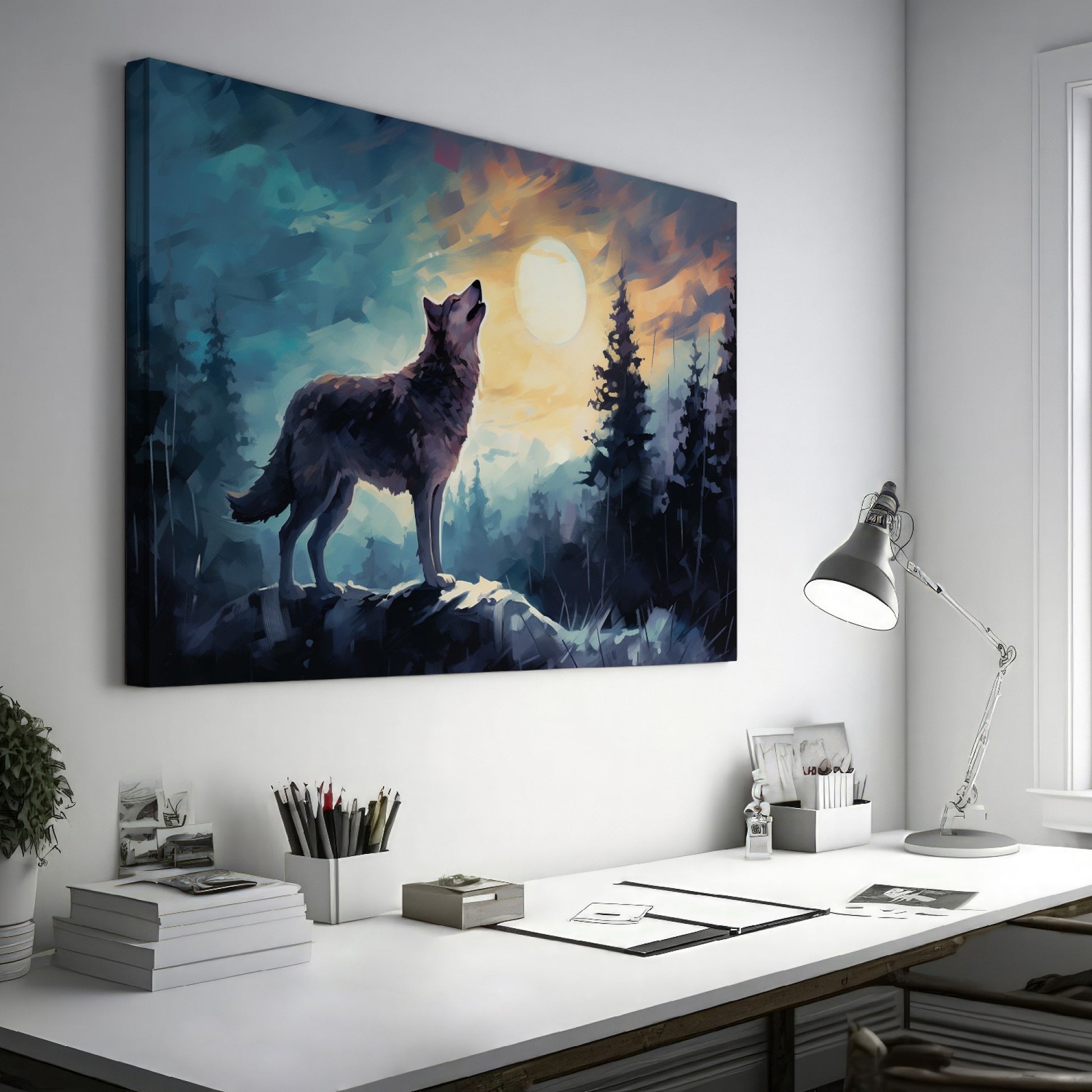 Framed canvas print of a wolf howling at sunset among forest trees